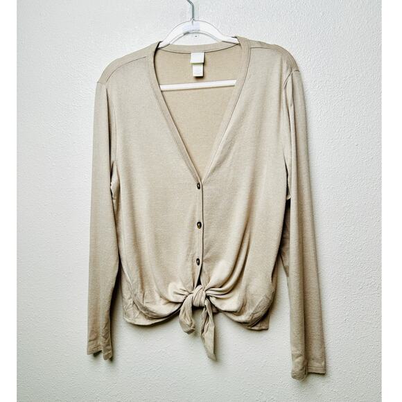 H&M Tan V-Neck Tie-Front Button Cardigan Sweater Women’s L - Picture 3 of 11